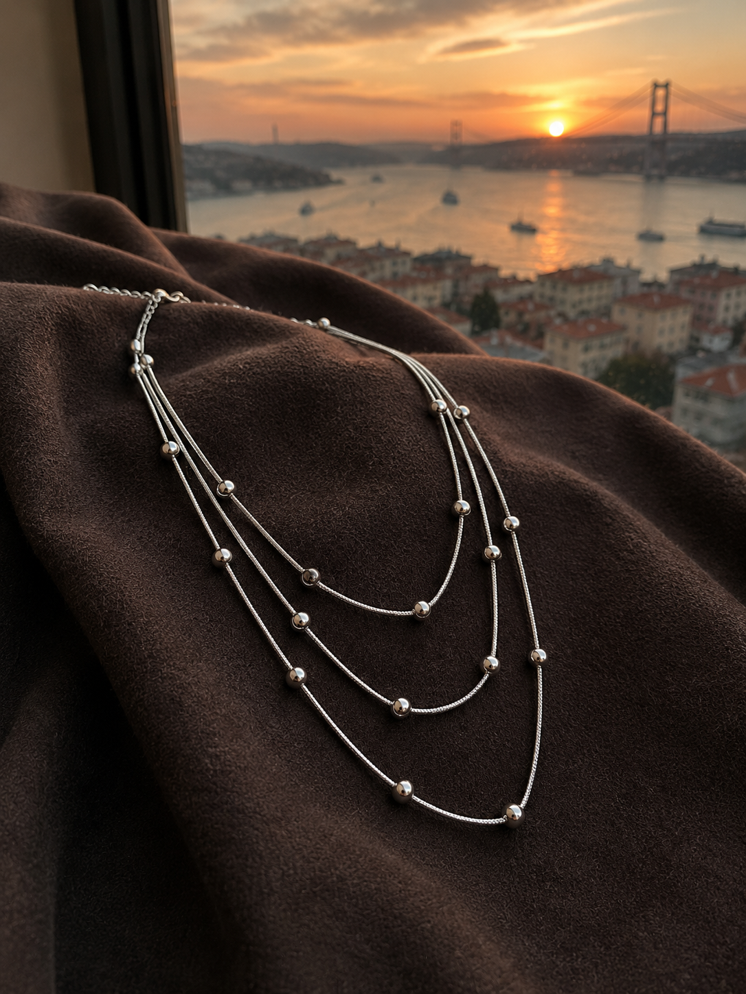 Çelik Gümüş Renk Minimal Topçuk Model Çoklu Kolye