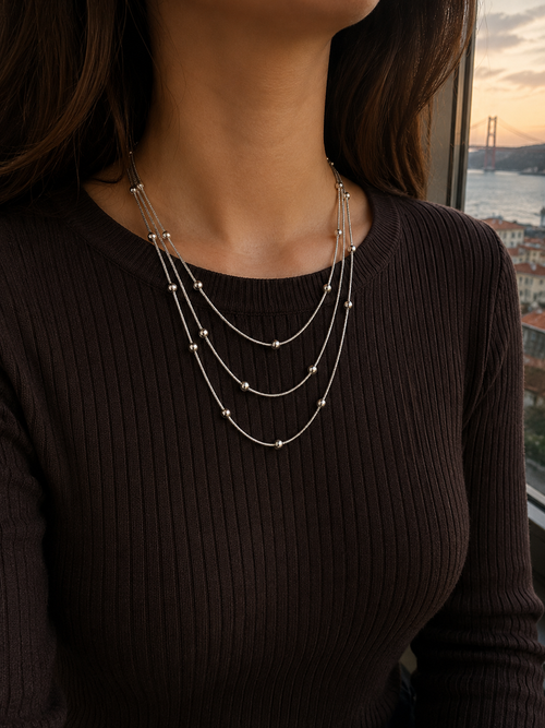 Çelik Gümüş Renk Minimal Topçuk Model Çoklu Kolye