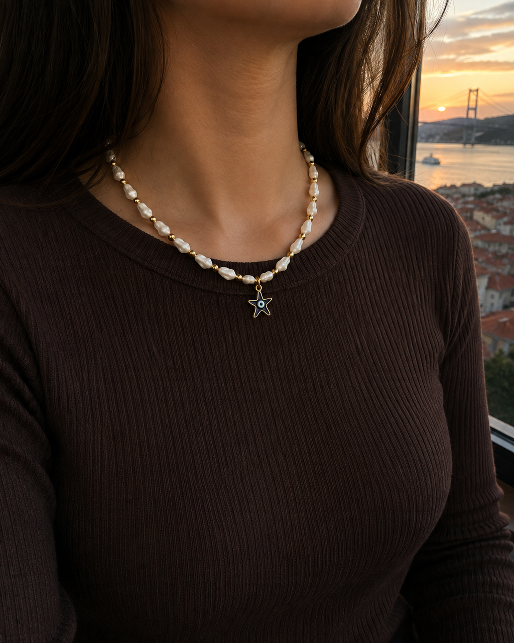Doğal Deniz Kabuklu Nazar Boncuklu Kolye