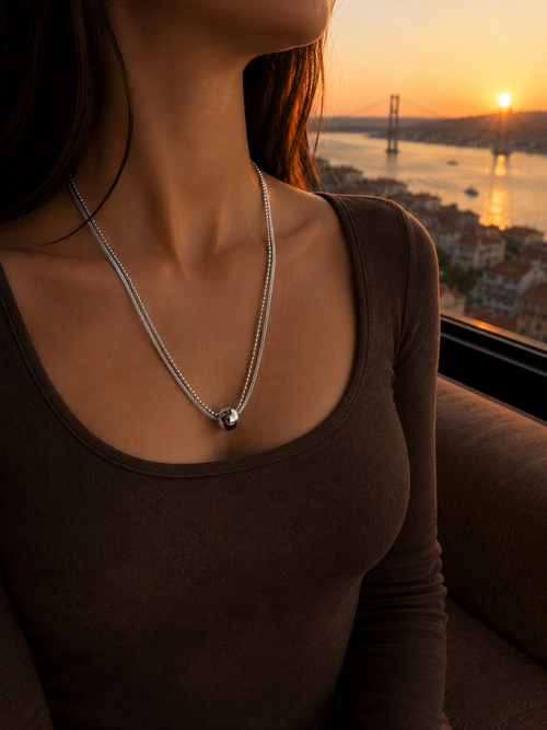 Çelik Çift Zincirli Gümüş Renk Topçuk İtalyan Model Kolye