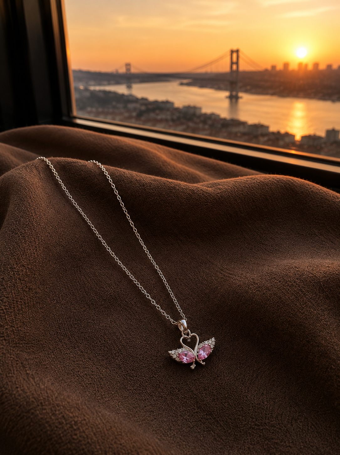 Gümüş Renk Pembe Desen Çift Kuğu Kolye
