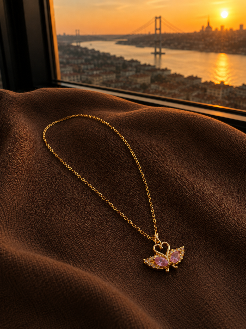 Gold Renk Pembe Desen Çift Kuğu Kolye
