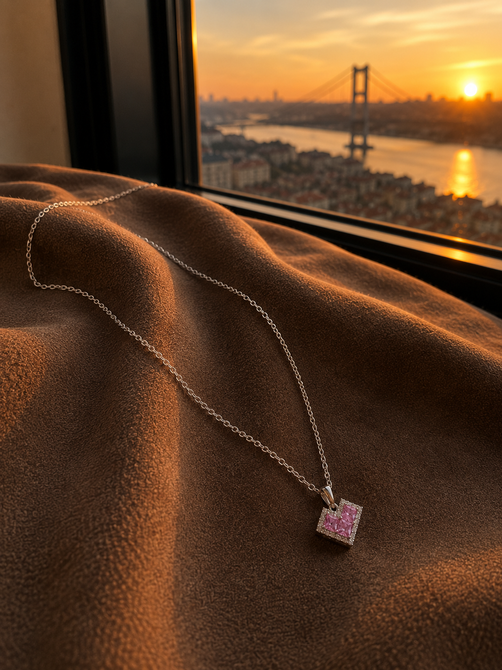 Gümüş Renk Pembe Detaylı Kalpli Superman Kolye
