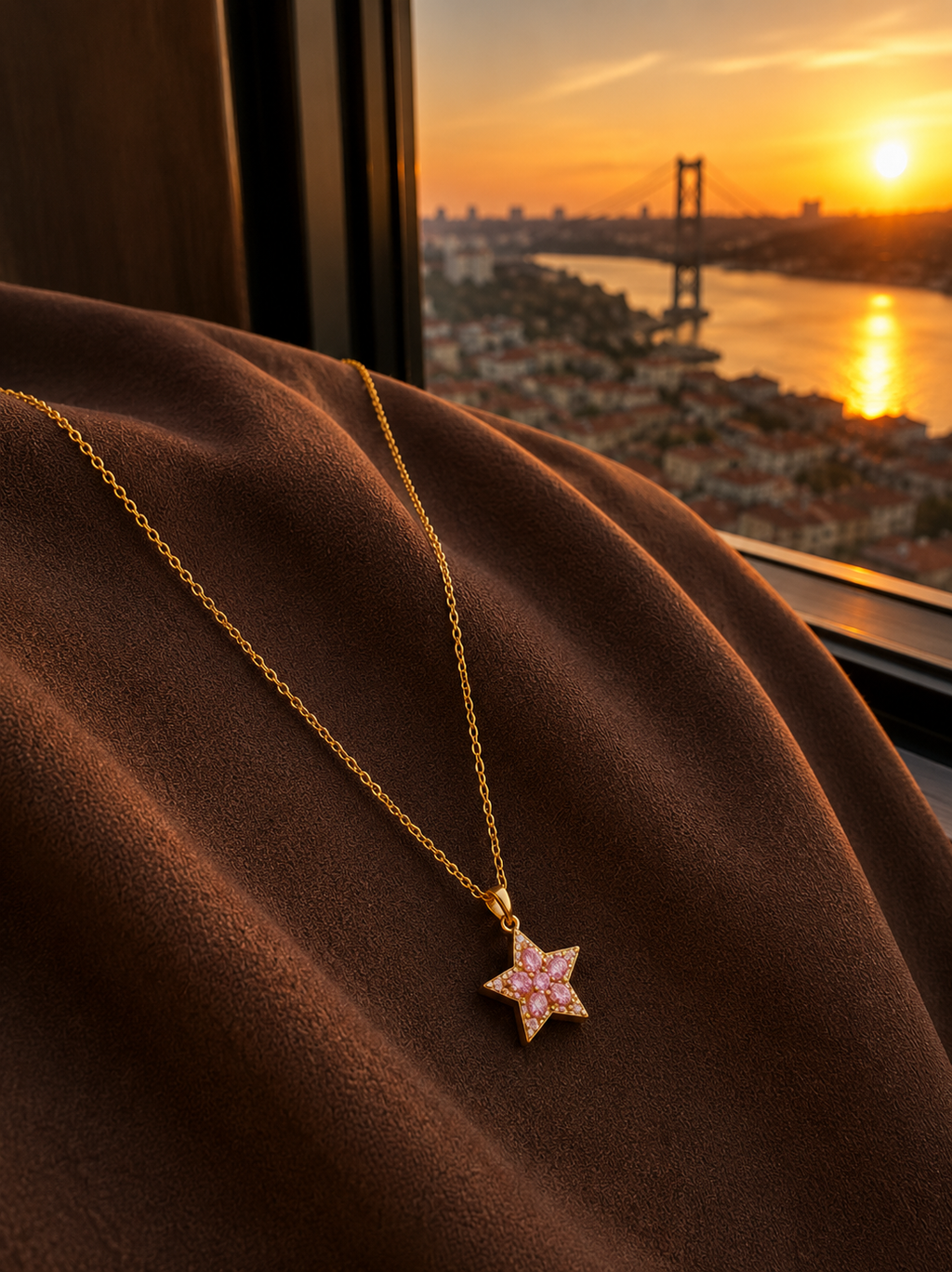 Gold Renk Pembe Detay Yıldız Kolye