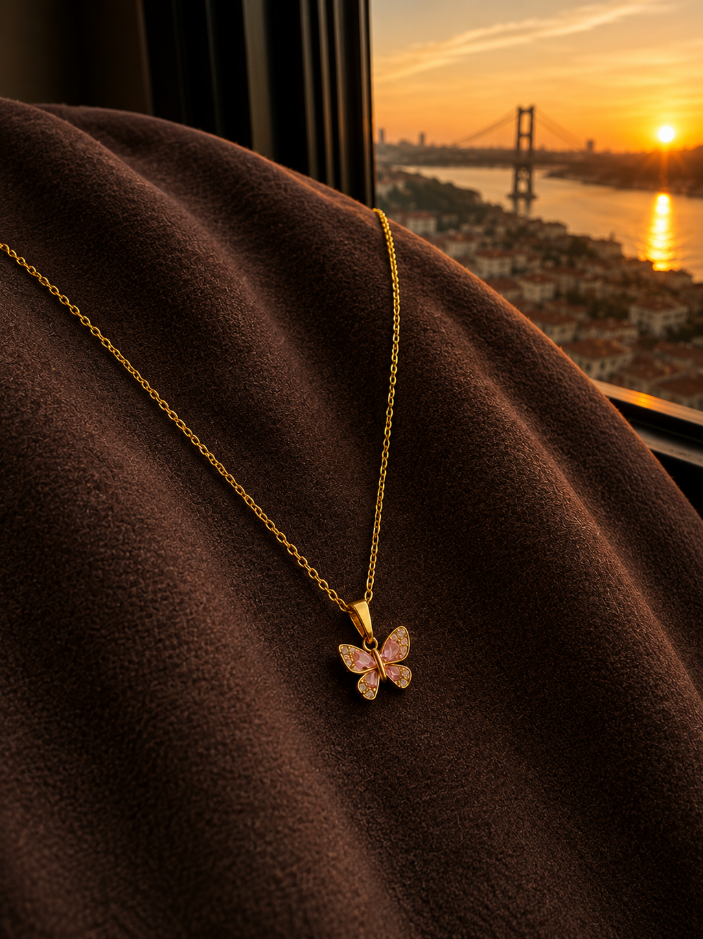 Gold Renk Pembe Detay Kelebek Kolye