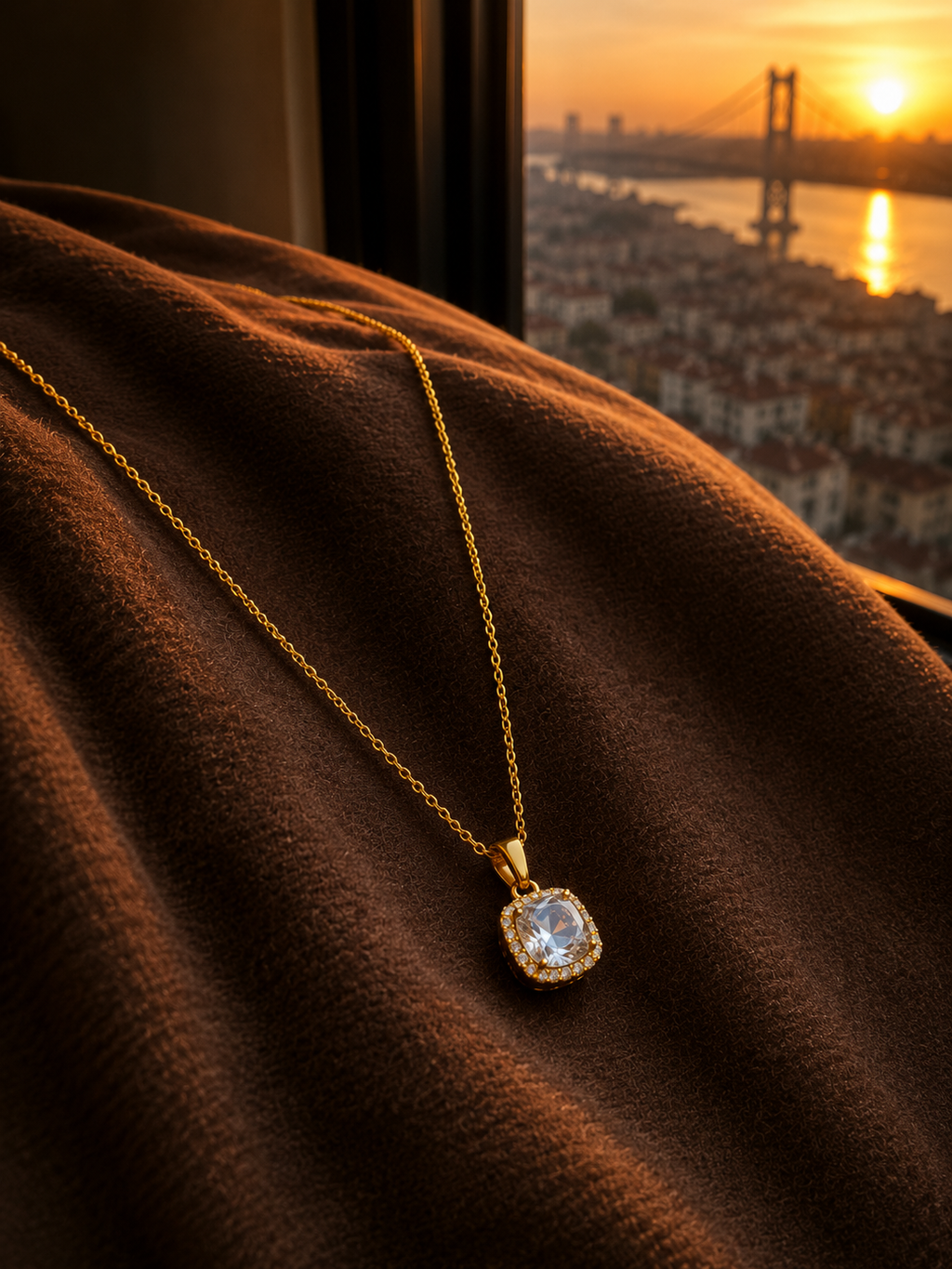 Gold Renk Gümüş Detaylı Baget Taş Kolye
