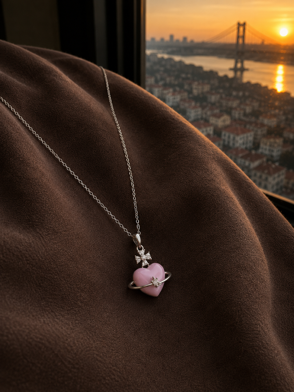 Gümüş Renk Pembe Kalp Yıldızlı Kolye