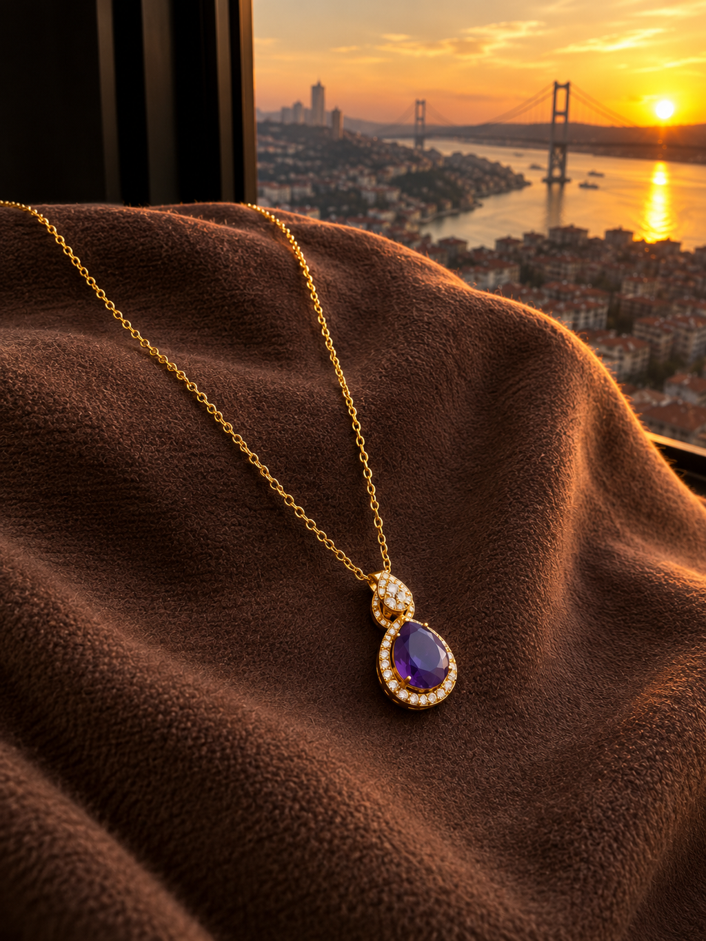 Gold Renk Yuvarlak Ametist Taşlı Kolye