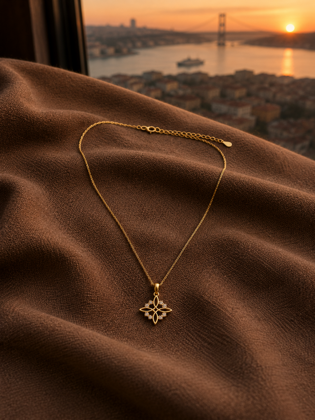 Çelik Zincir Gold Renk Yonca Model Kolye