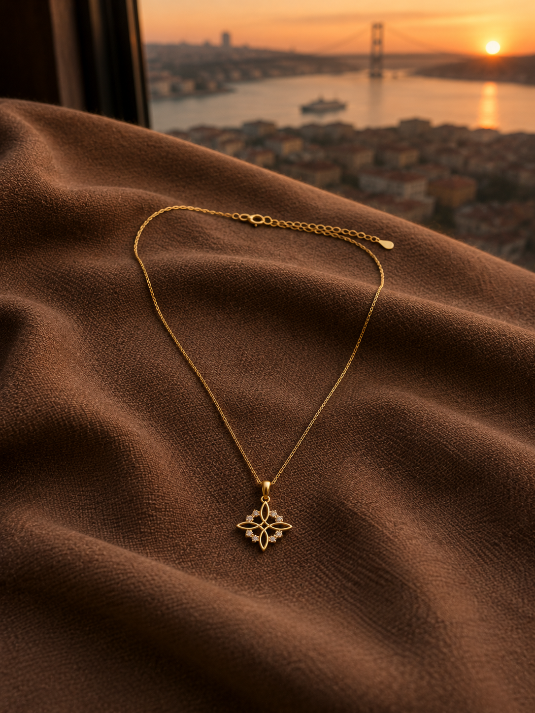 Çelik Zincir Gold Renk Yonca Model Kolye